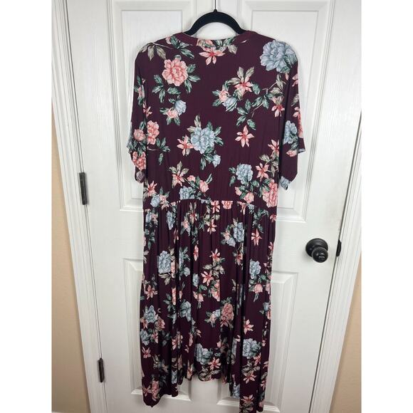 Torrid Midi Challis Shirt Dress 3X Burgundy Asymmetrical Hem Casual Button Up - Picture 9 of 10